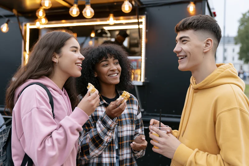 Three young adults smiling and eating snacks together in front of a food truck at evening