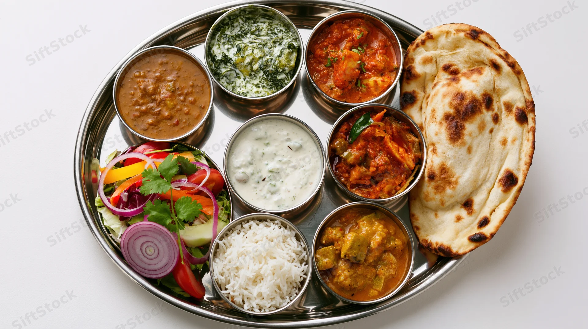 Traditional indian vegetarian thali served on a stainless steel platter with multiple curries, rice, salad, and naan bread
