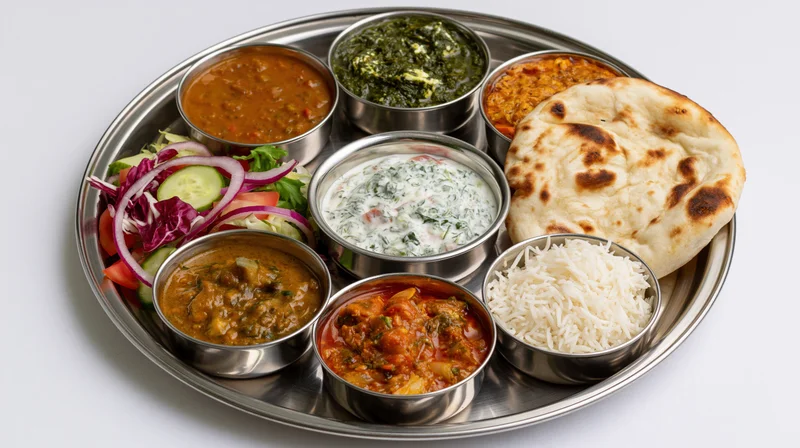 Traditional indian vegetarian thali served on a stainless steel tray with multiple small bowls of curry, dal, raita, salad, rice, and naan bread