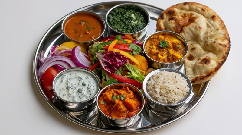 Traditional indian vegetarian thali with curry, rice, naan, salad, and raita on stainless steel platter