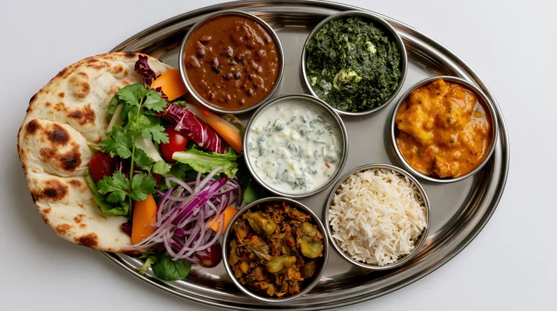 Traditional indian vegetarian thali with naan, rice, curries, salad, and raita on a stainless steel tray