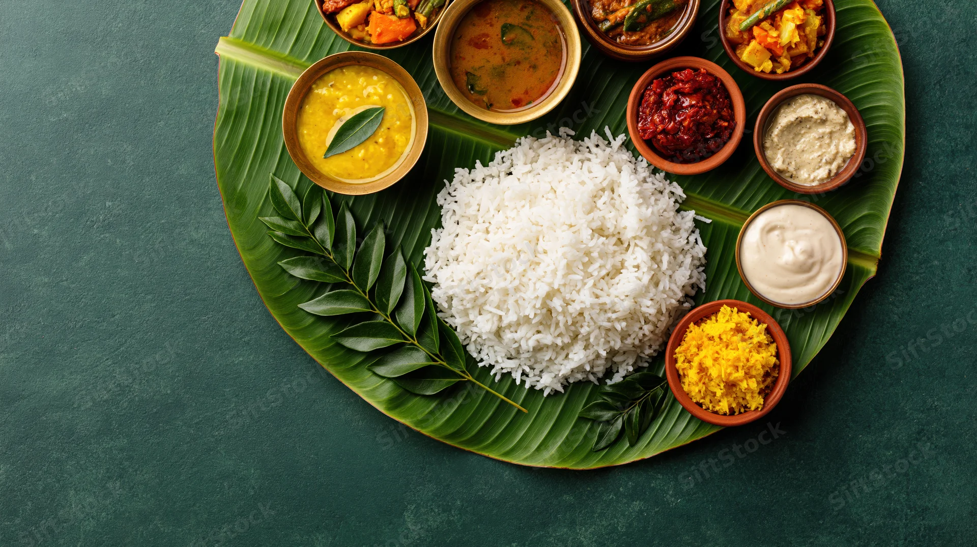 Traditional south indian meal served on banana leaf with rice and curries arranged overhead