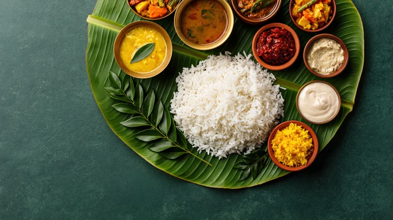 Traditional south indian meal served on banana leaf with rice and curries arranged overhead