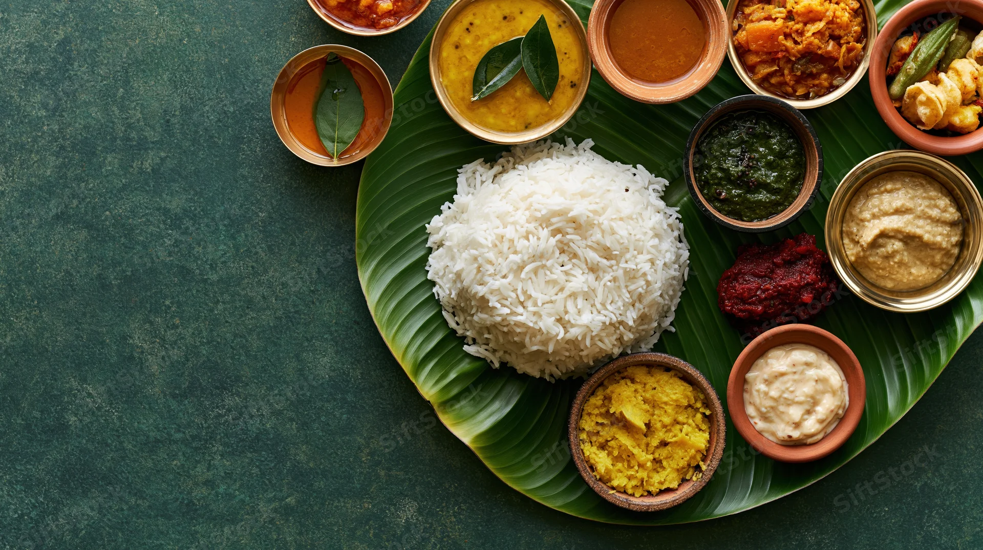 Traditional south indian meal served on banana leaf with rice and various curries and chutneys arranged overhead