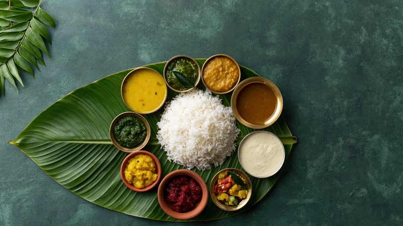 Traditional south indian meal served on banana leaf with rice and curries arranged overhead