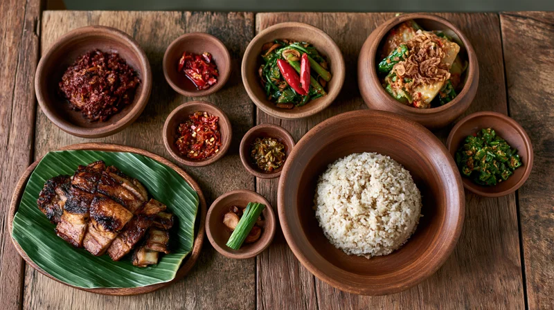 Grilled pork on banana leaf with rice and side dishes arranged on wooden table