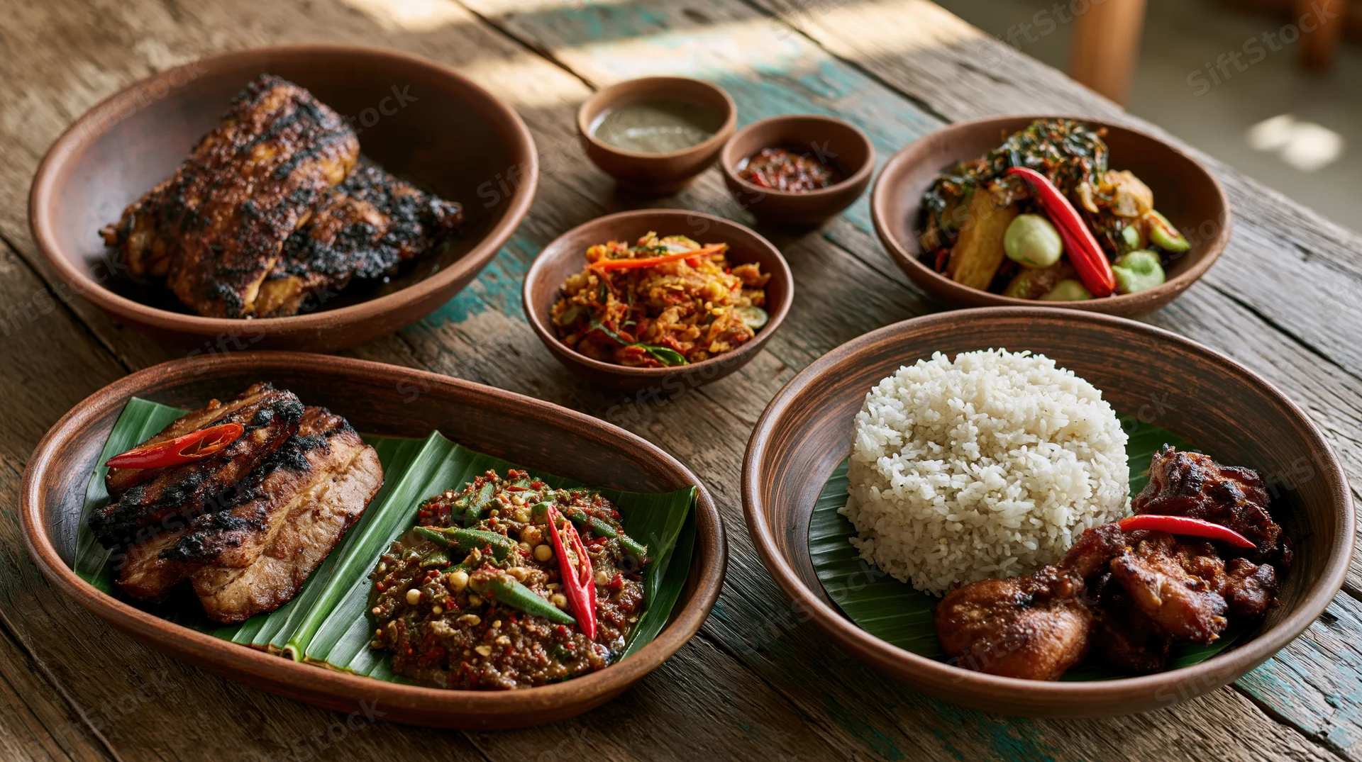 Traditional southeast asian meal with grilled meat, rice, and vegetables served on banana leaves in clay bowls on a wooden table
