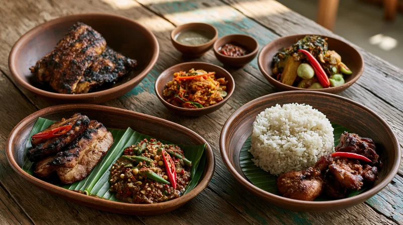 Traditional southeast asian meal with grilled meat, rice, and vegetables served on banana leaves in clay bowls on a wooden table