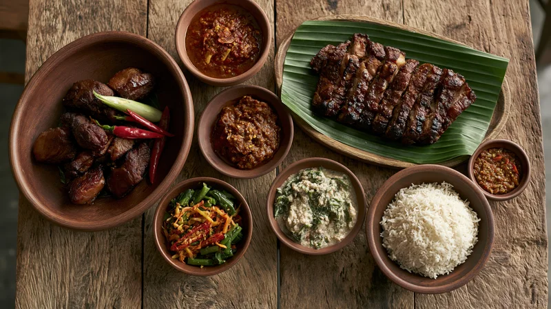 Traditional southeast asian meal with grilled pork ribs, steamed rice, and assorted sauces served on wooden bowls and banana leaf on rustic table