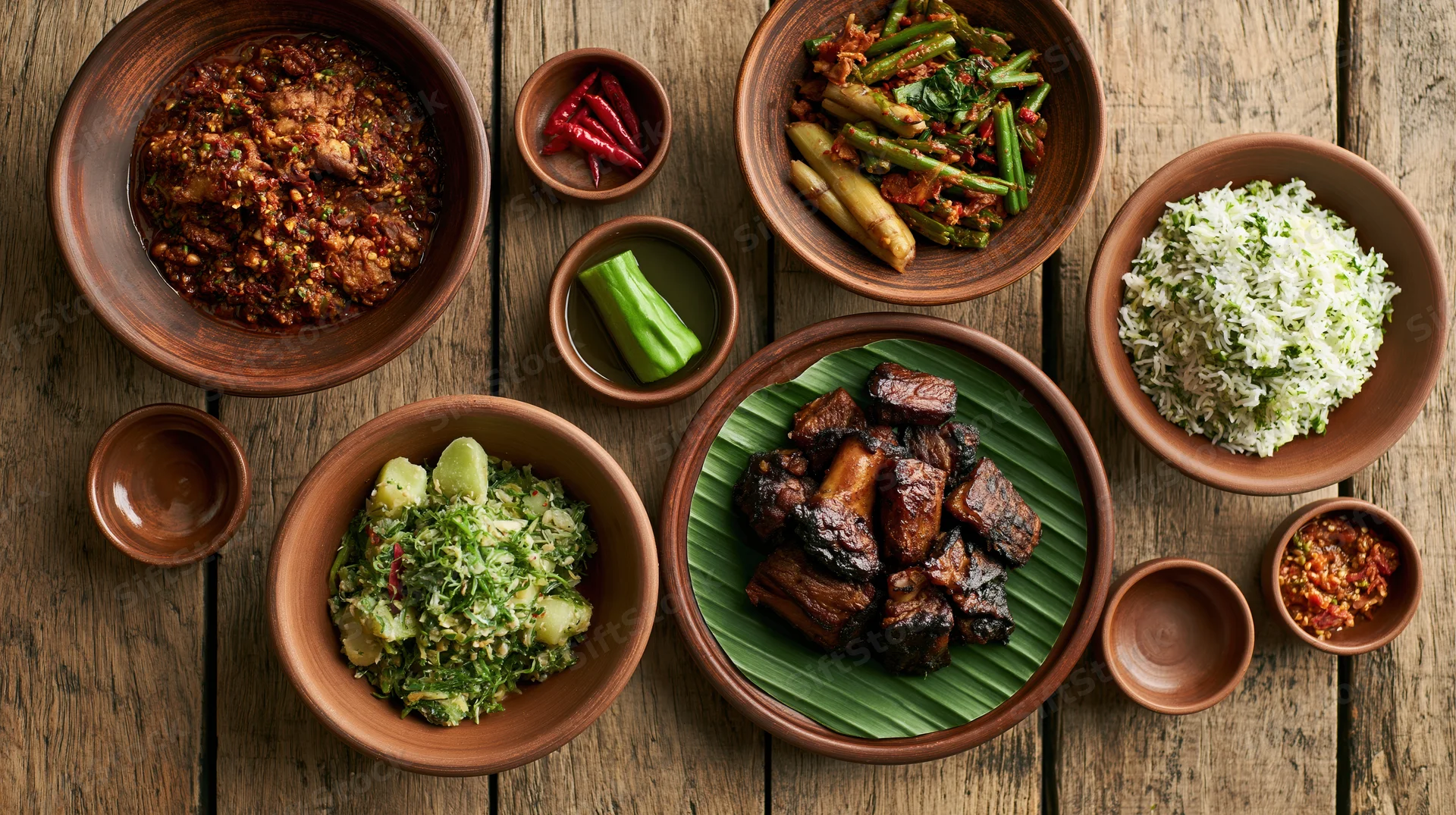 Traditional southeast asian meal with grilled meat, rice, and vegetables arranged on wooden table in clay bowls