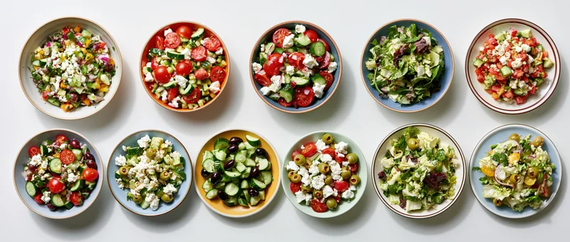 Twelve assorted fresh salads in colorful bowls arranged in two rows on white surface