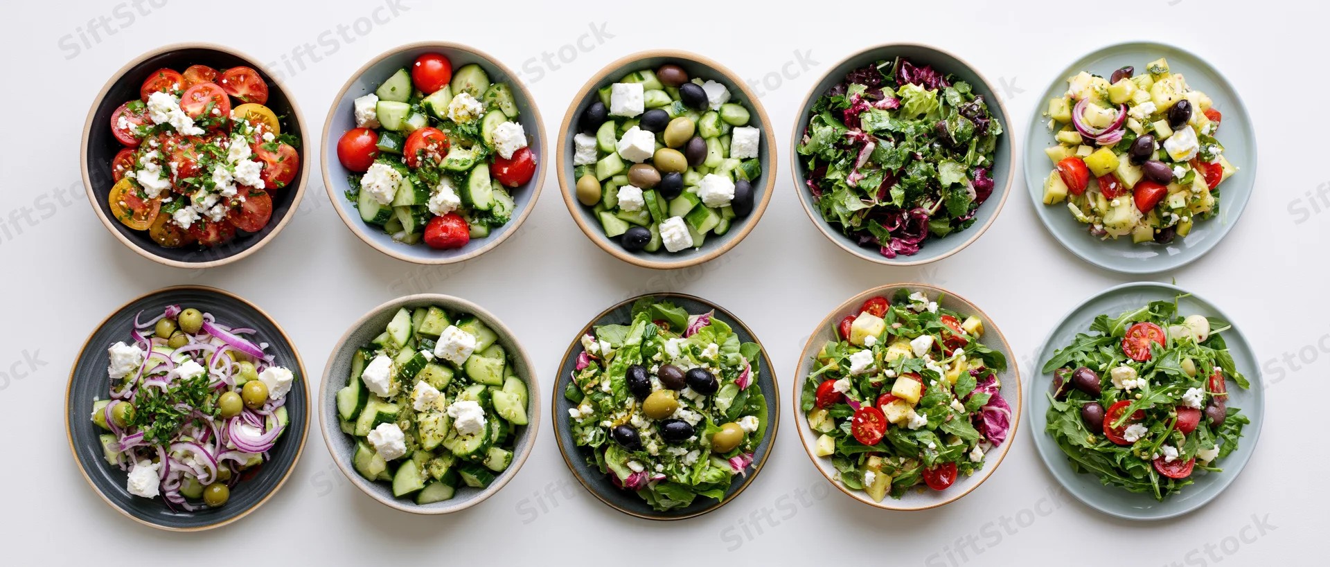 Twelve assorted fresh salads in bowls and plates arranged in two rows on white surface