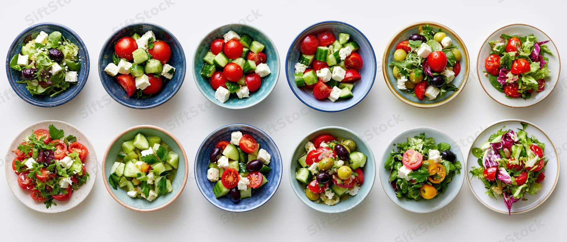 Twelve fresh salad bowls and plates arranged in two rows on a white surface