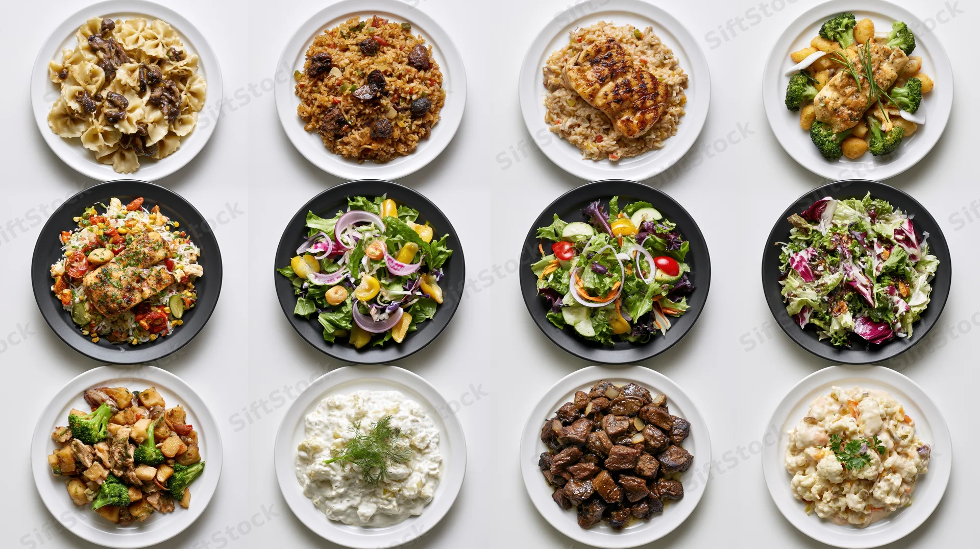 Twelve restaurant dishes arranged in a grid on white and black plates