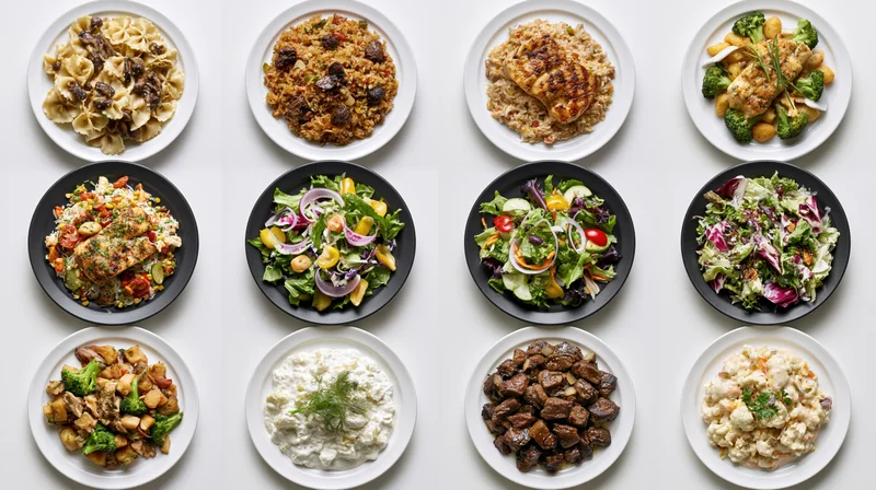 Twelve restaurant dishes arranged in a grid on white and black plates