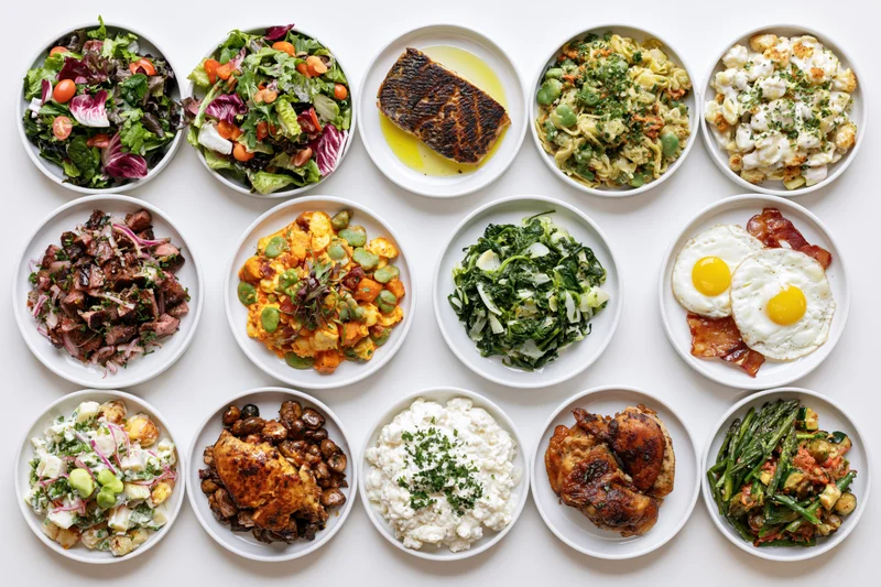 Twelve round plates arranged in grid displaying various dishes including salads, proteins, and sides on white surface