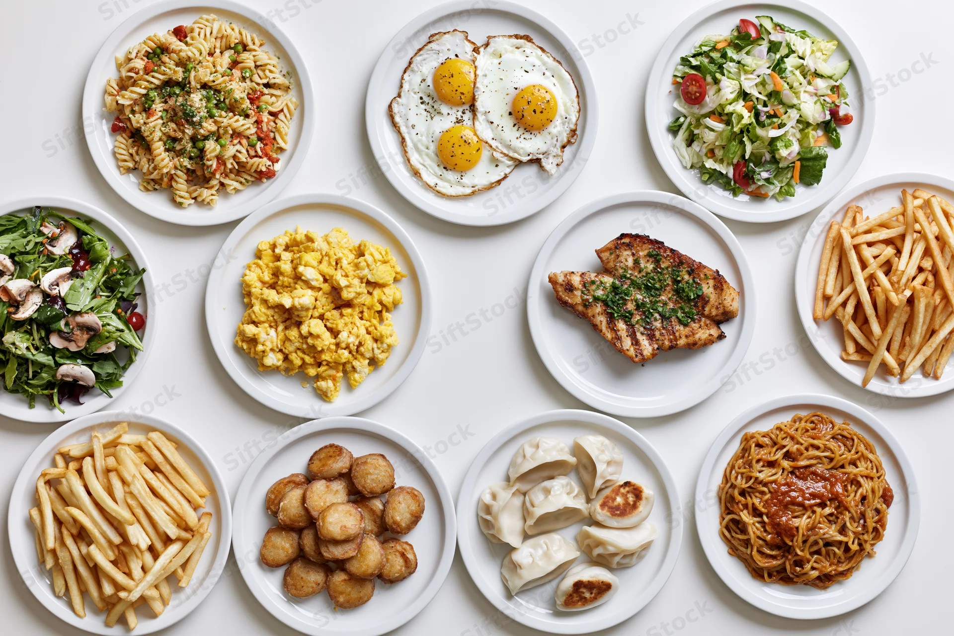 Twelve white plates with various meals arranged in grid on white surface