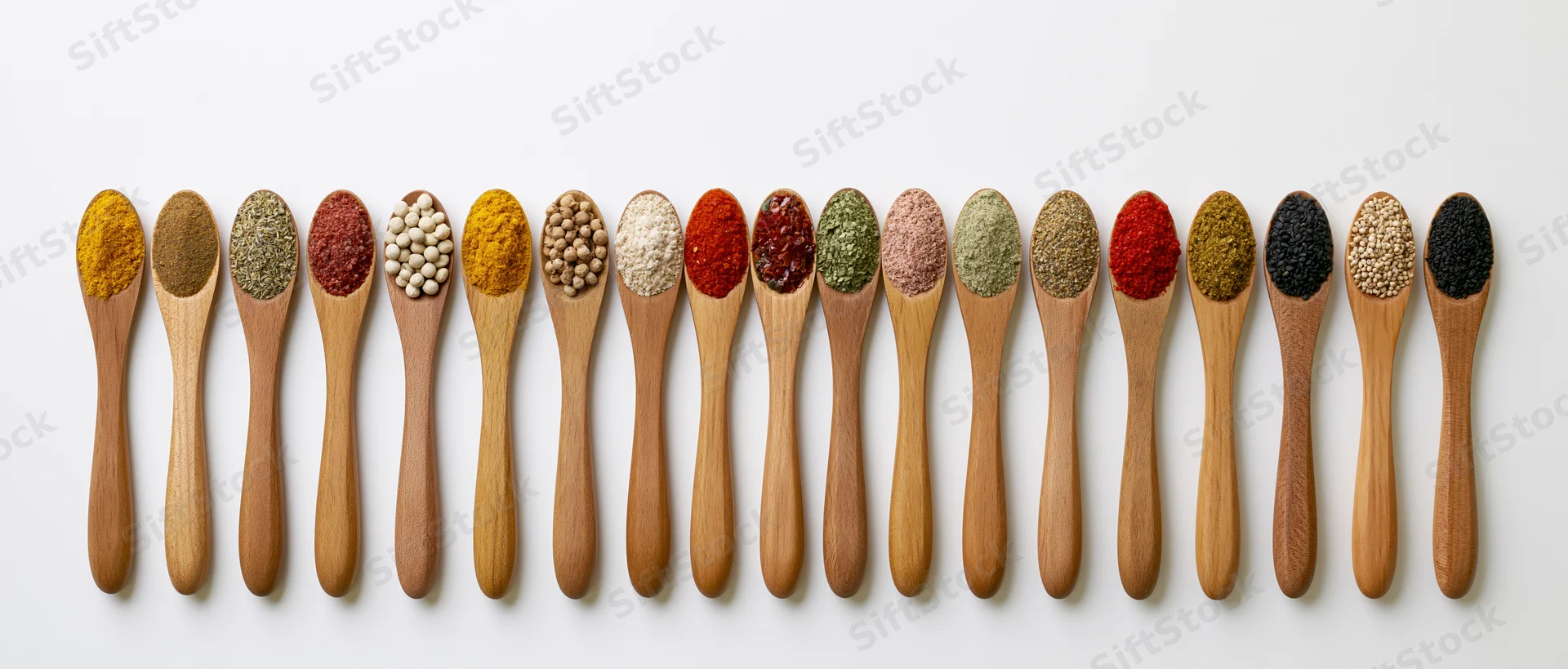 Row of wooden spoons each holding a different spice arranged horizontally on white background