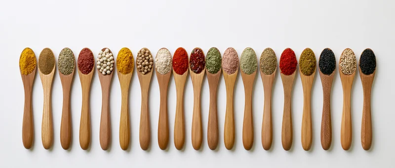 Row of wooden spoons each holding a different spice arranged horizontally on white background