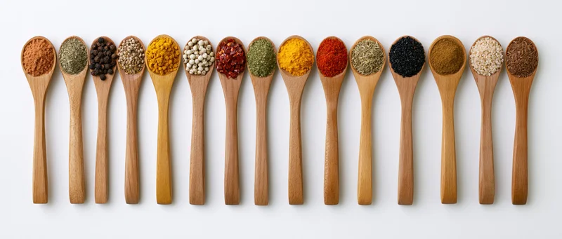 Wooden spoons each holding a different spice arranged in a horizontal row on a white background