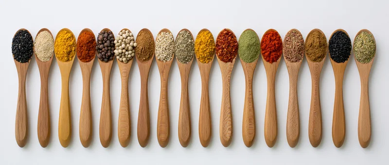 Wooden spoons filled with various spices arranged in a row on white background