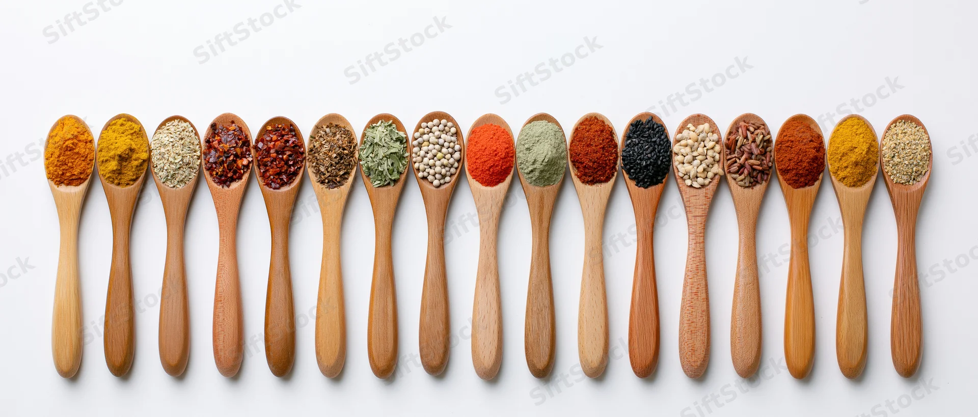 Wooden spoons each holding a different spice arranged in a horizontal row on a white background
