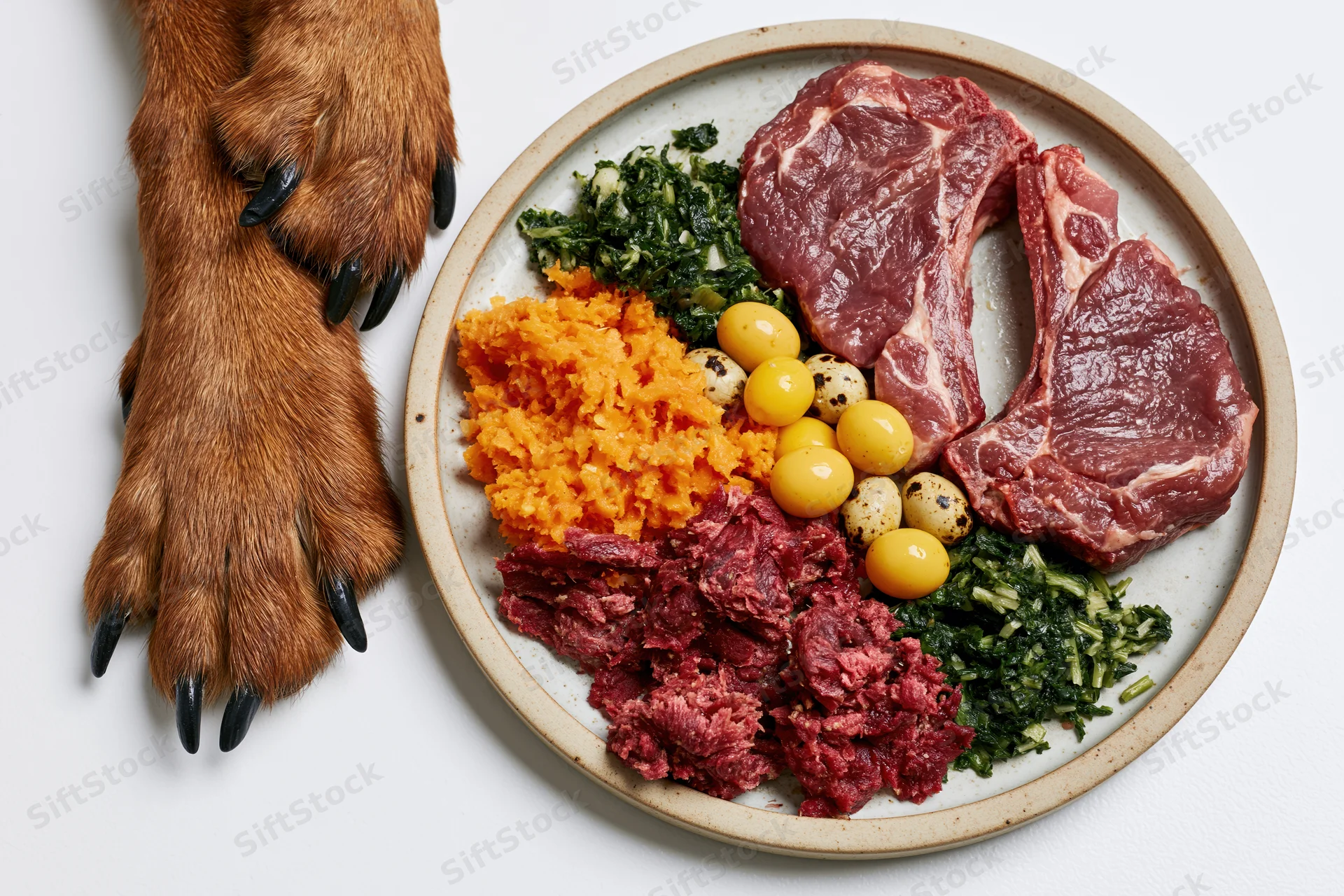 Dog paws beside a plate of raw meat, vegetables, eggs and ground beef on a white surface