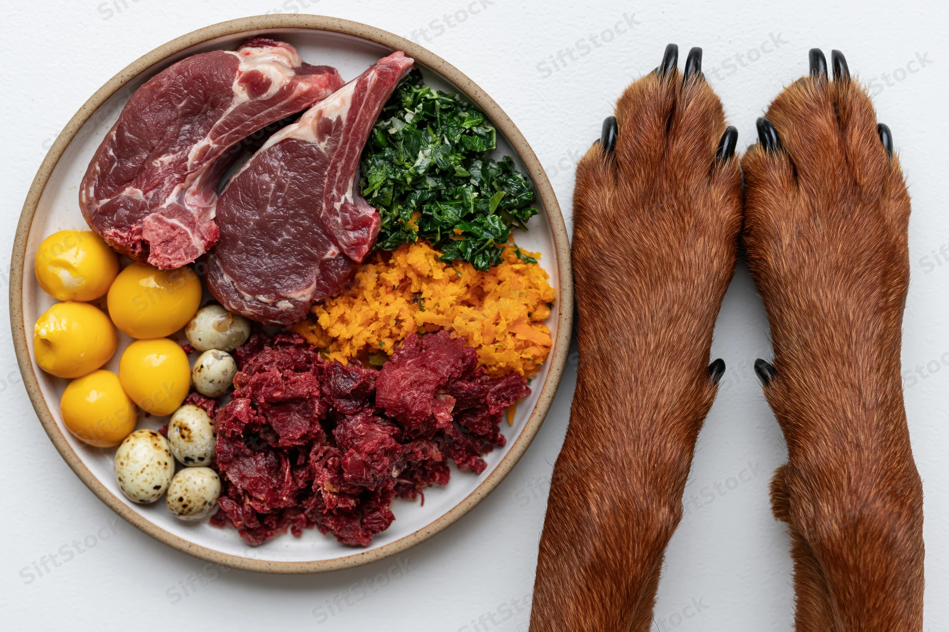 Dog paws resting beside a plate of raw meat, vegetables, eggs and quail on white surface