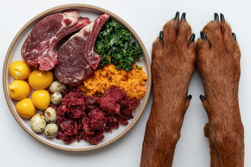 Dog paws resting beside a plate of raw meat, vegetables, eggs and quail on white surface