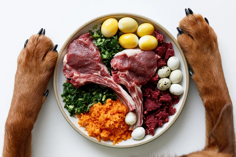 Dog paws resting on a white surface beside a bowl of raw meat, eggs, vegetables and organ meat for pet nutrition