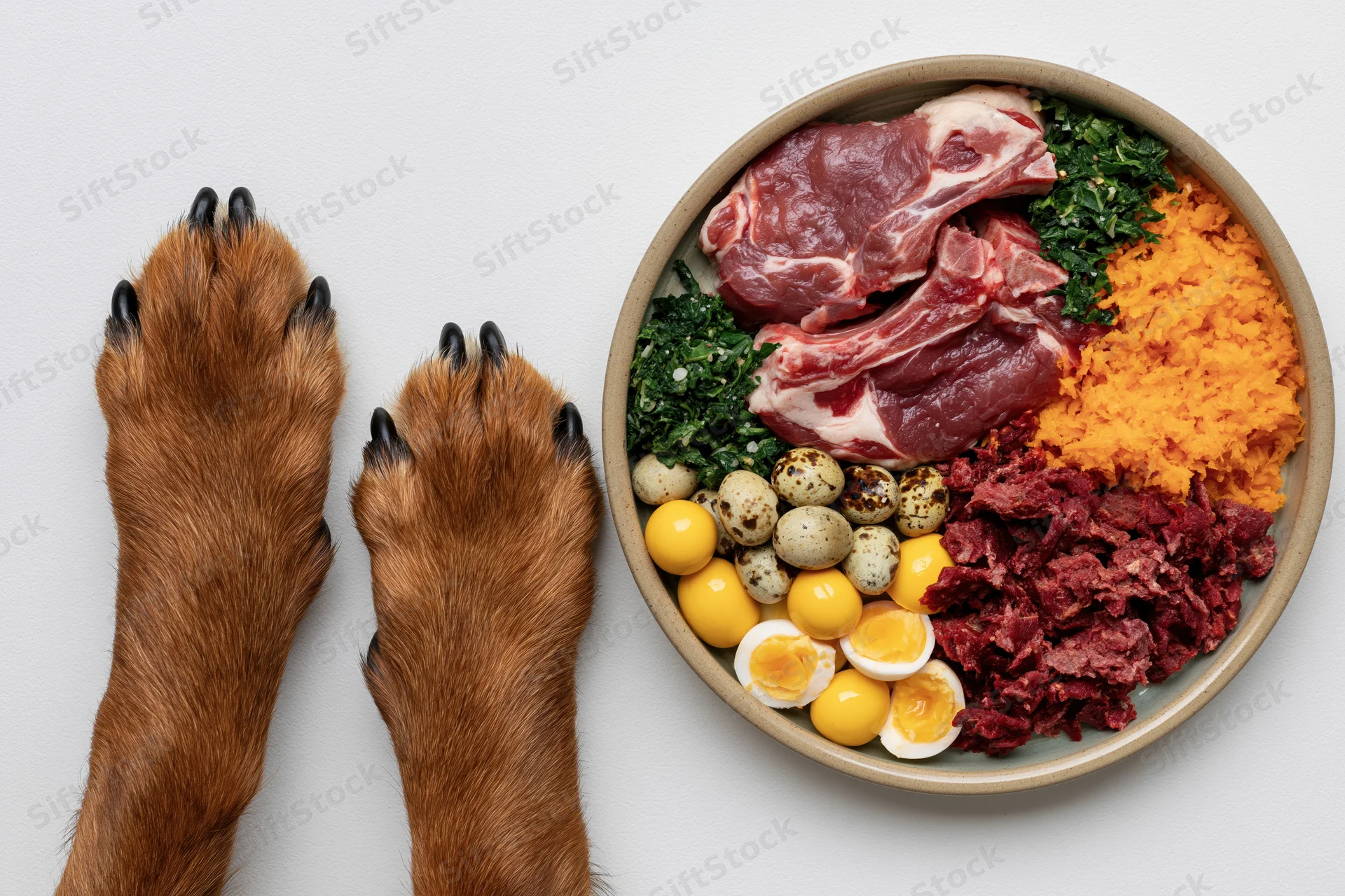 Dog paws beside a bowl of raw meat, eggs, vegetables and ground meat on white surface