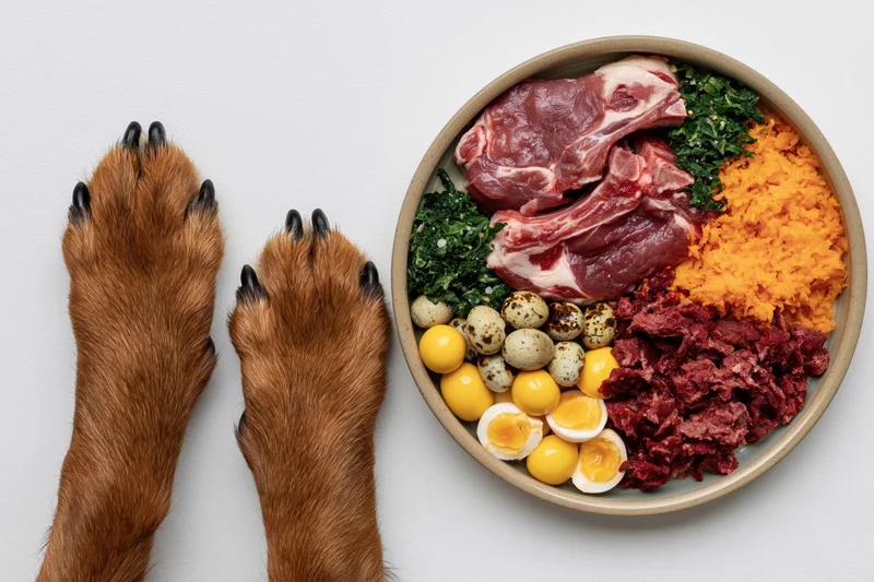 Dog paws beside a bowl of raw meat, eggs, vegetables and ground meat on white surface
