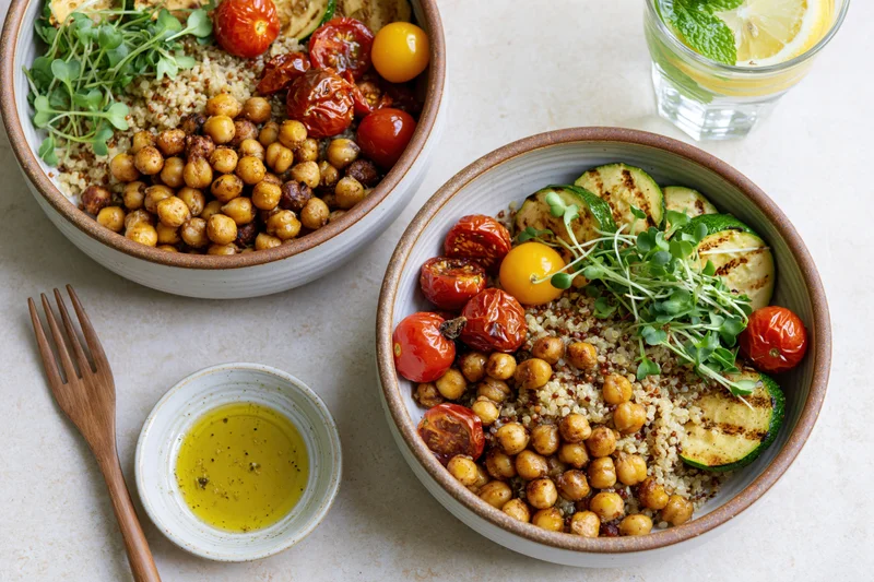 Two ceramic buddha bowls filled with quinoa roasted chickpeas tomatoes zucchini and microgreens on a light countertop with a fork and small bowl of olive oil dressing nearby