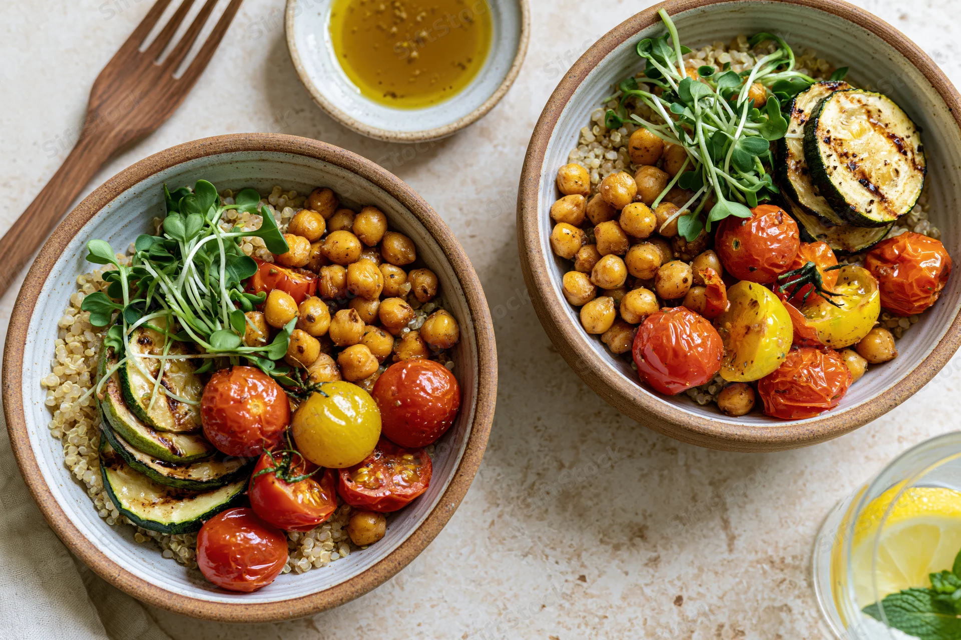 Two ceramic bowls filled with quinoa, roasted chickpeas, tomatoes, zucchini and microgreens on a light countertop