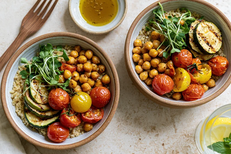 Two ceramic bowls filled with quinoa, roasted chickpeas, tomatoes, zucchini and microgreens on a light countertop