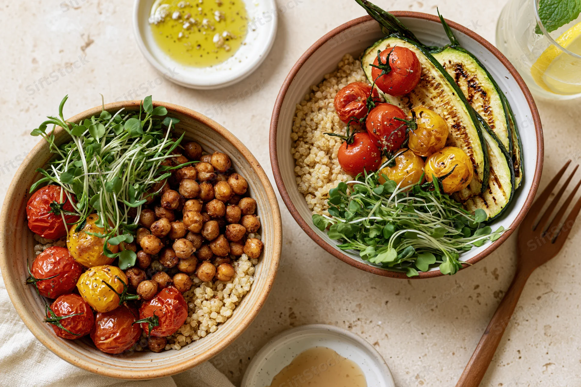 Two ceramic bowls filled with quinoa, roasted chickpeas, tomatoes, zucchini and microgreens on a countertop
