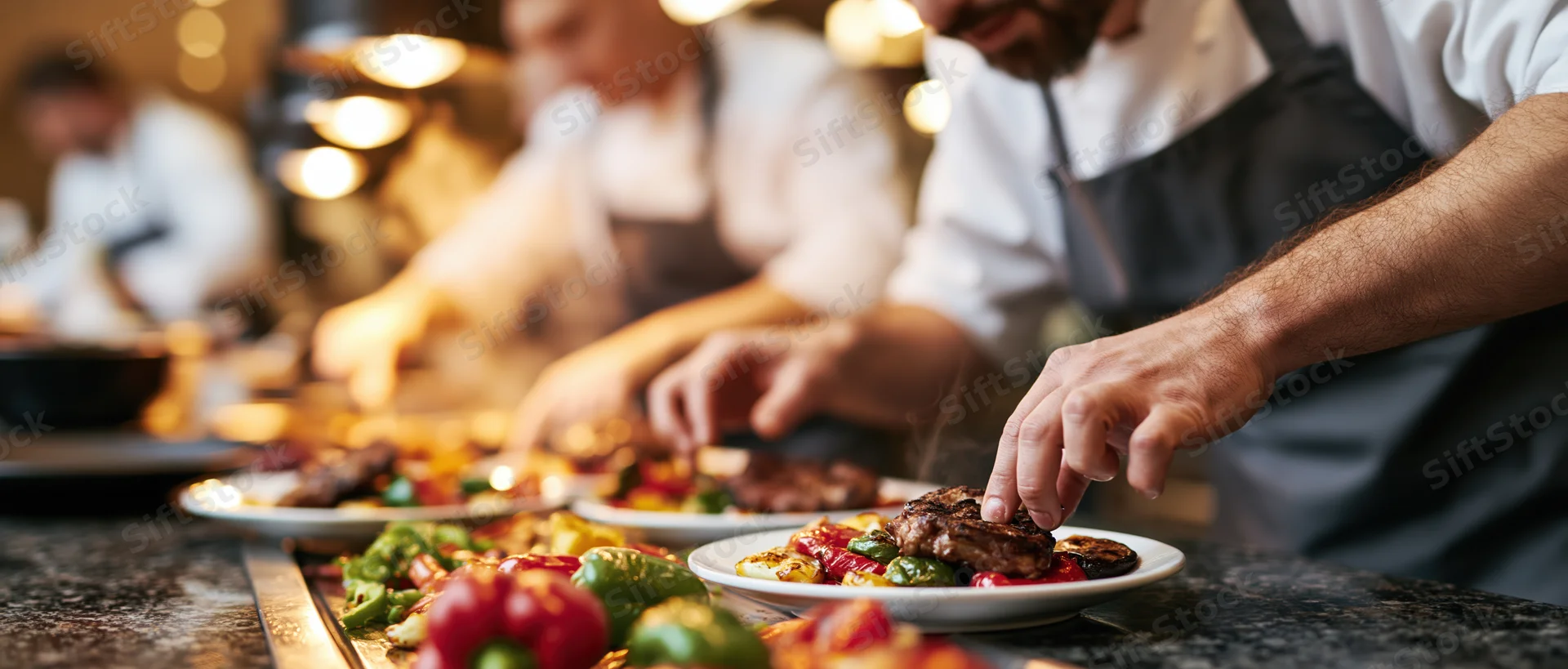 Chefs plating dishes with vegetables and steak in a busy restaurant kitchen