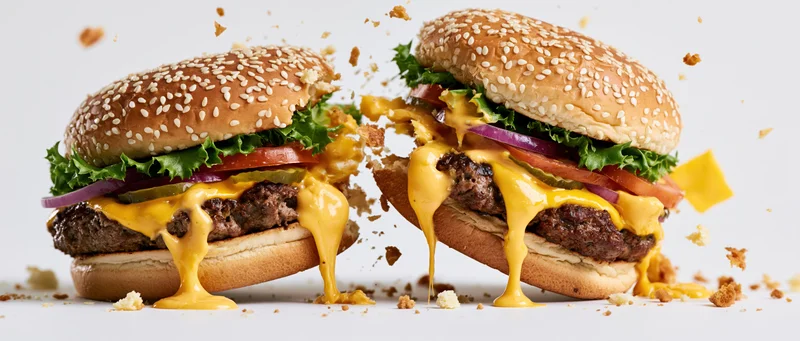Two cheeseburgers mid-explosion with dripping cheese and flying crumbs on white background