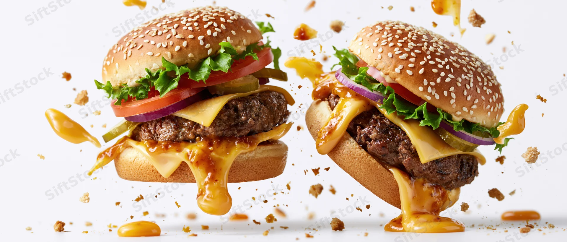 Two cheeseburgers mid-explosion with flying crumbs and sauce against white background