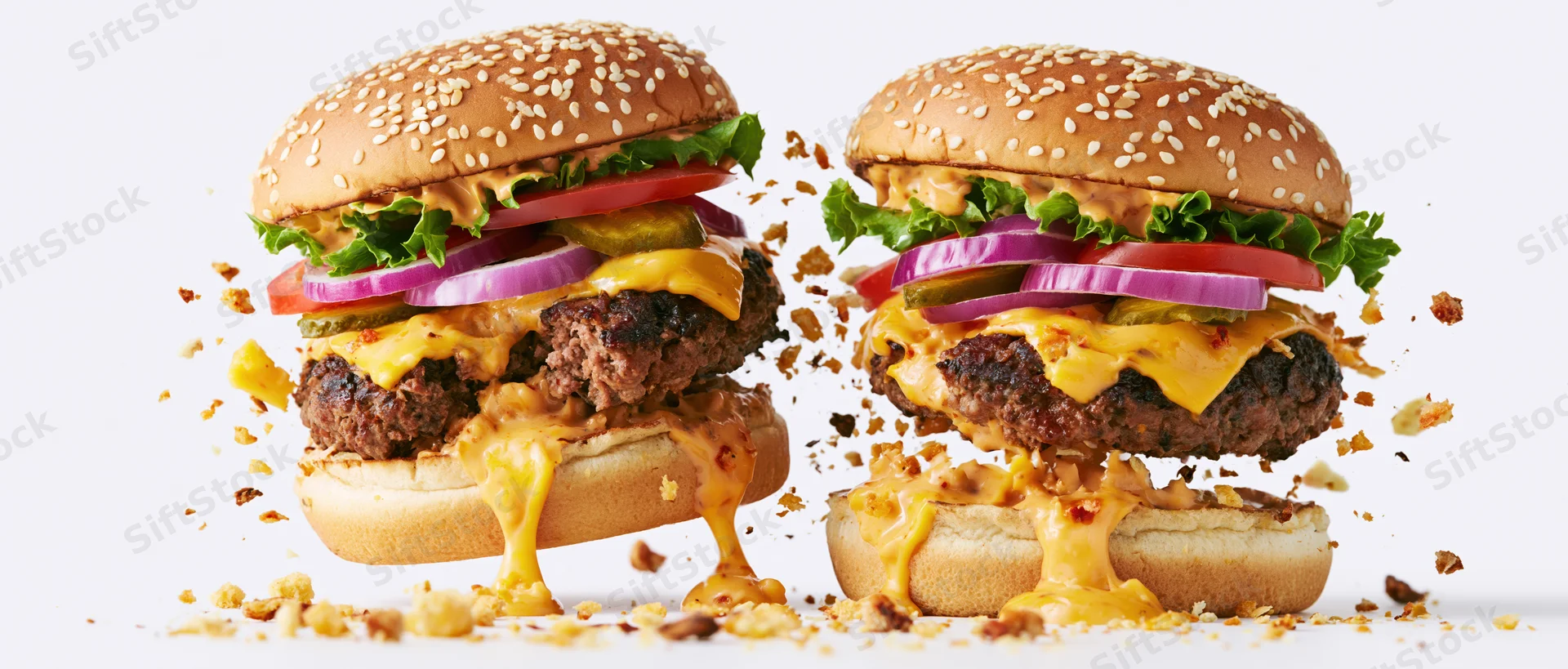 Two cheeseburgers mid-explosion with flying ingredients on white background