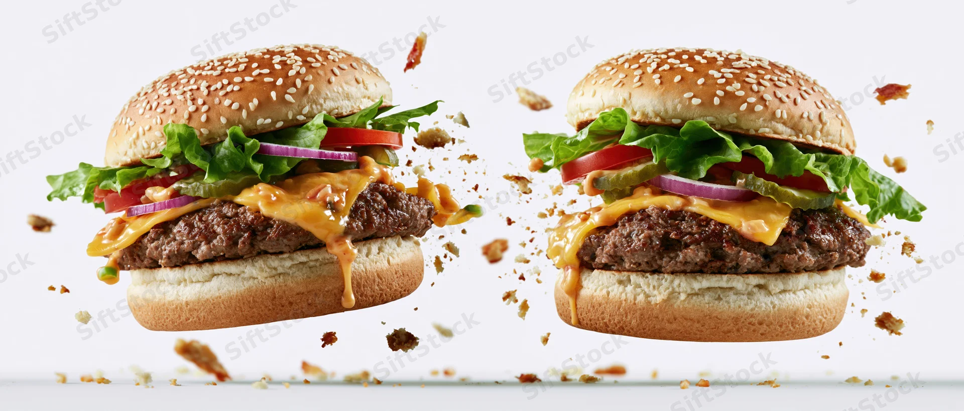 Two cheeseburgers mid-explosion with flying crumbs and ingredients against white background