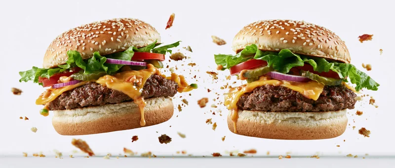 Two cheeseburgers mid-explosion with flying crumbs and ingredients against white background