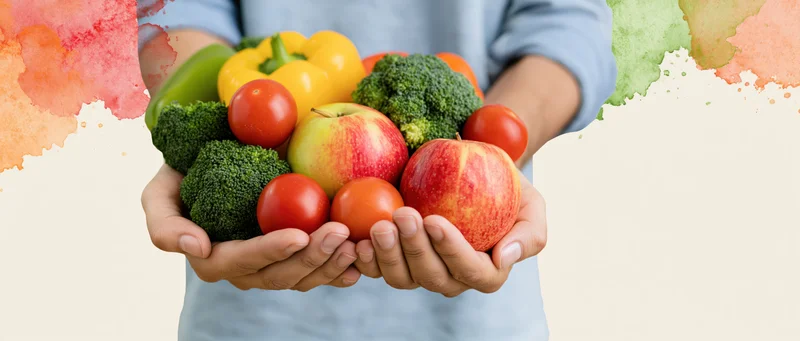 Hands cupping a mix of fresh fruits and vegetables against a light background with watercolor accents
