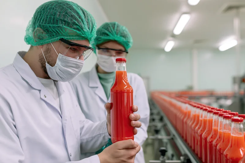 Two quality control workers inspecting a bottle of tomato juice on a production line in a food processing facility