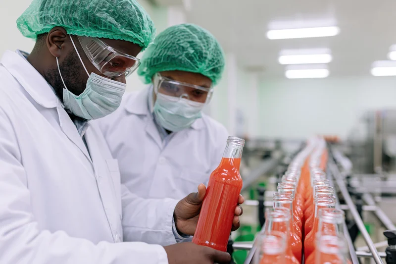 Two quality control workers inspecting a bottle of orange liquid on a factory conveyor line