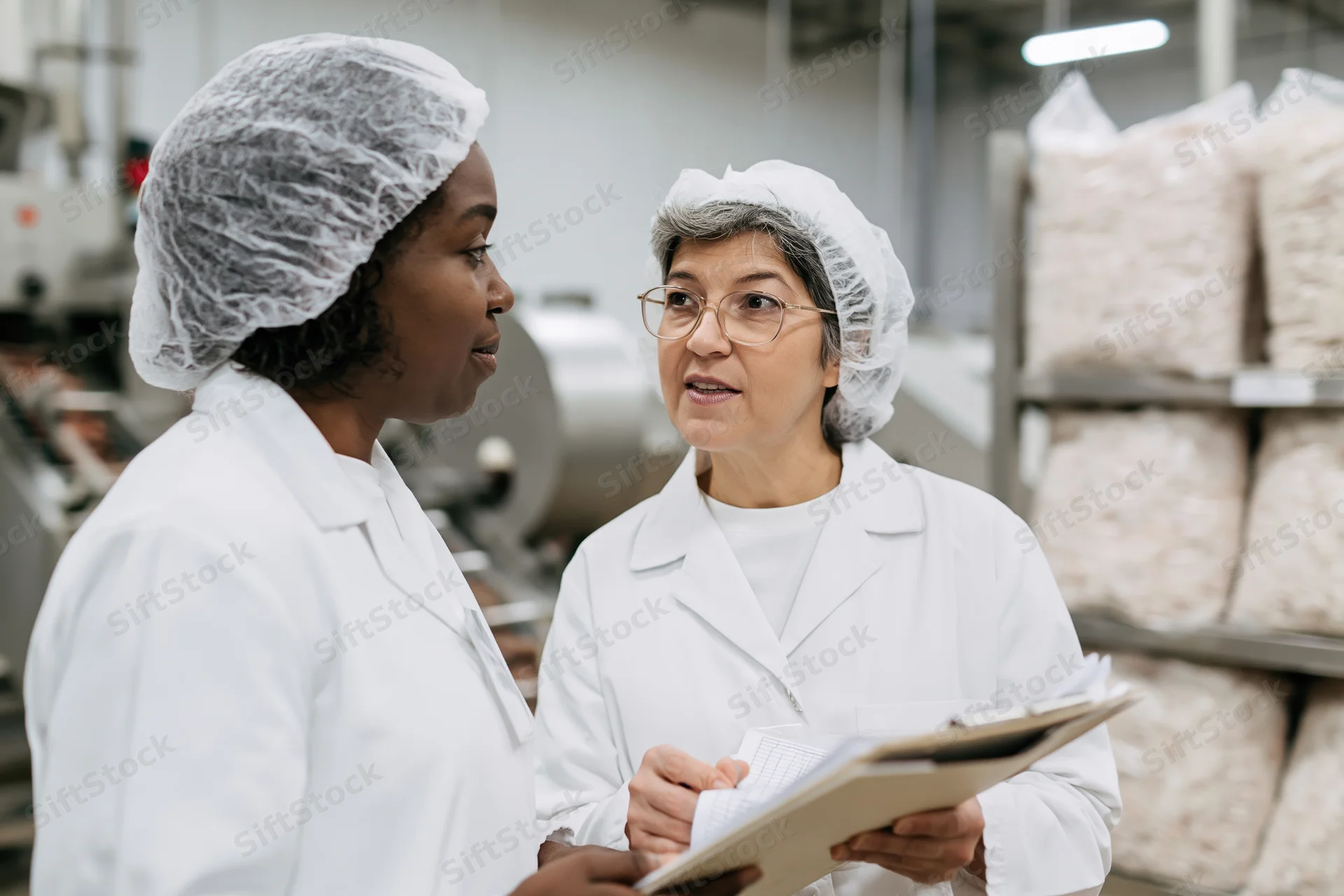 Two women in lab coats and hairnets discussing while holding a clipboard in a food factory