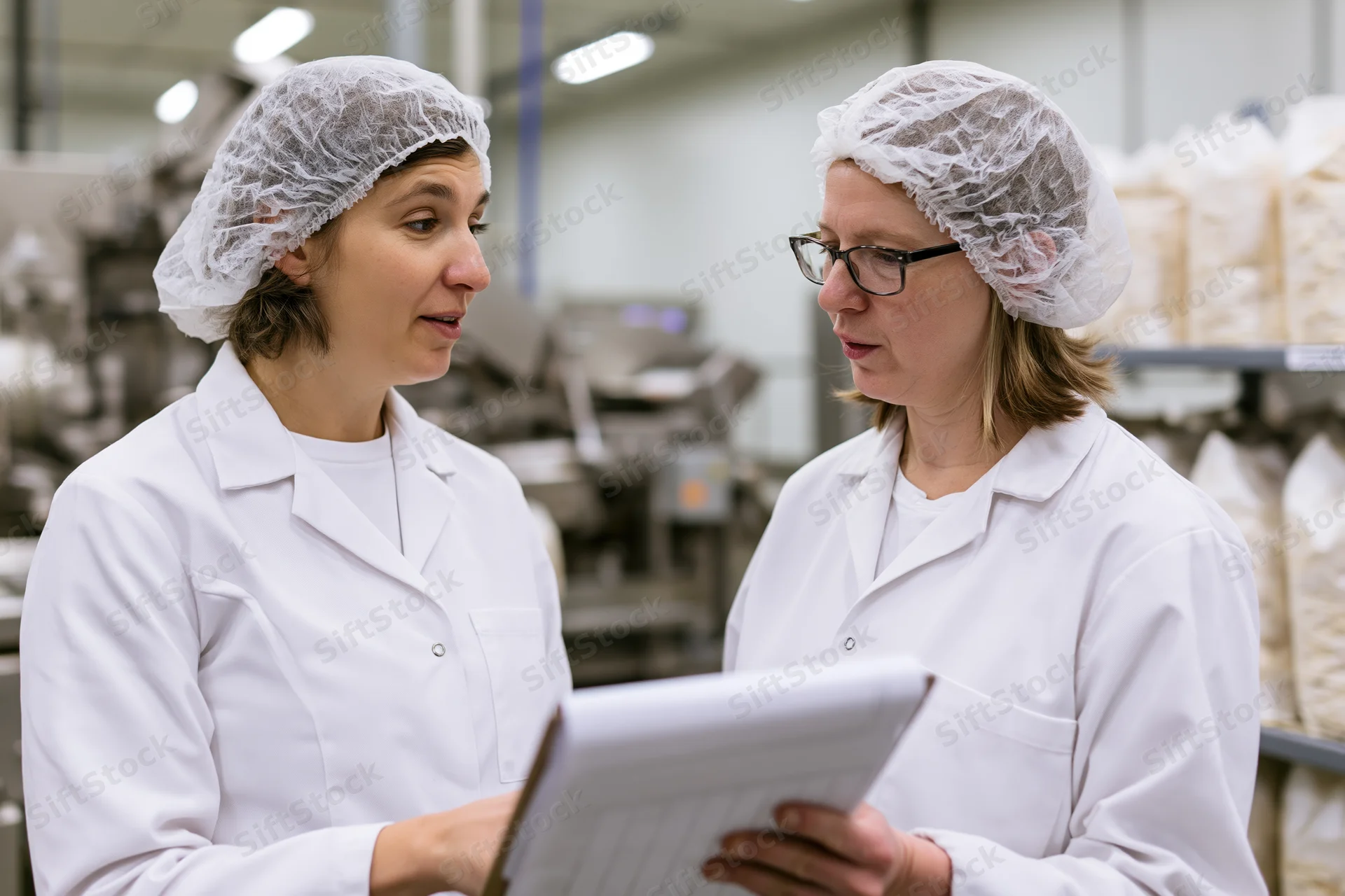 Two women in lab coats and hairnets discussing a document in a food factory setting