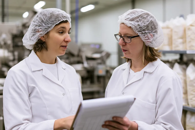 Two women in lab coats and hairnets discussing a document in a food factory setting