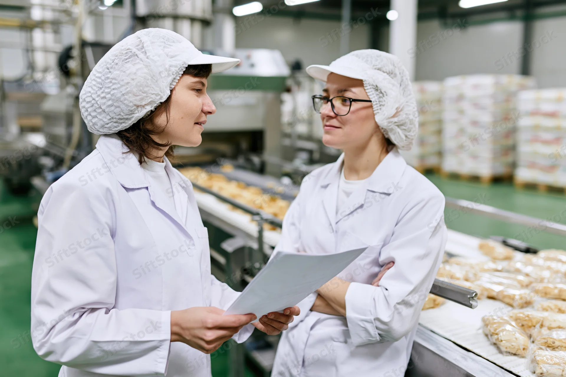 Two women in white lab coats and hairnets discussing a document in a food factory production area