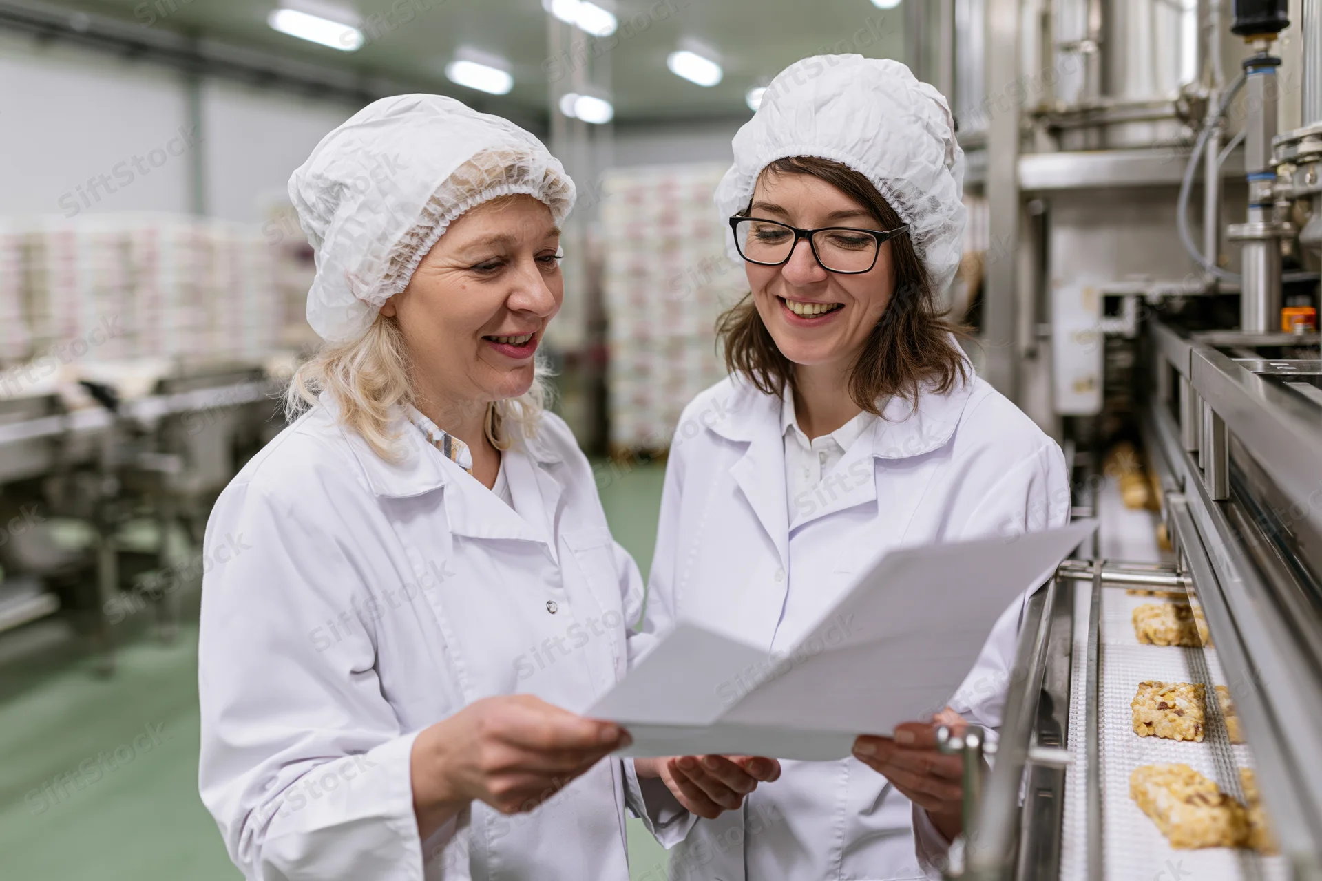 Two women in lab coats reviewing a document in a food factory production area